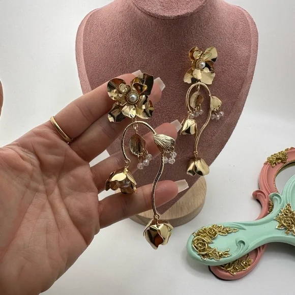 Gold Floral Drop Earrings - Picture 9 of 11